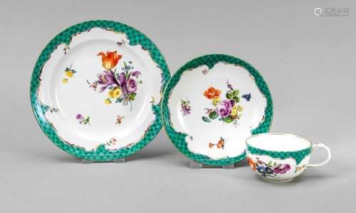 Place setting, 3 pieces, Meissen, mark 1924-34, 1st quality, fine flower painting, Russiangreen