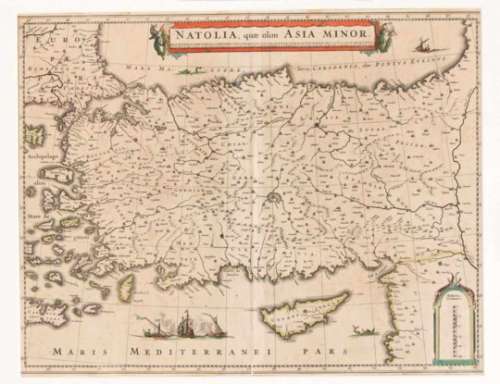 Historical map of Turkey, Ottoman Empire, ''Natolia quae olim Asia Minor'', border col.Engraving