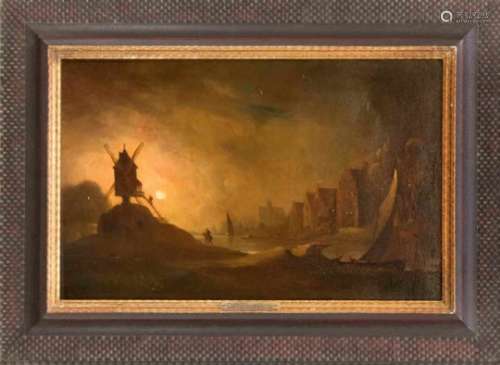 Dutch painter of the 17th century, on a river with a windmill in the moonlight, oil onwooden