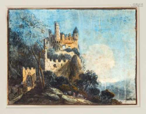Christian Georg II Schütz (1758-1823) (attrib.), View of a castle, Goauche and watercolorover lead