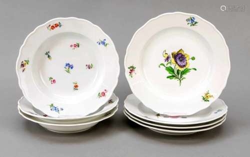 Seven plates, Meissen, 5 plates, scattered flower, stamps after 1934, 1st quality,including 3 soup