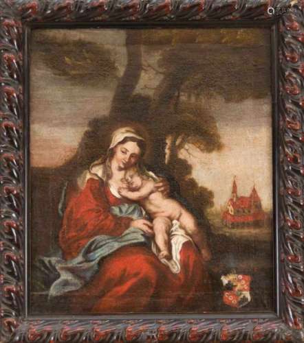 Ex Voto - devotional picture of the 18th century, Madonna and Child under a tree with coatof arms