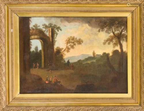 Anonymous German painter of the 18th century, landscape with ruin and figures, oil oncanvas,