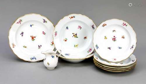 Mixed lot of Meissen, 9 pieces, 8 plates, marks 1924-34, 1st quality, polychrome painting,