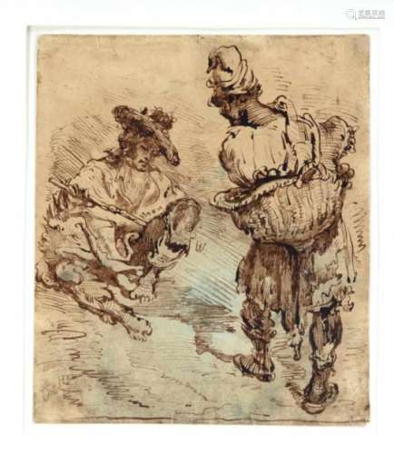 Dutch school of the 17th century, circle of Rembrandt, standing man with a high cap and acane,