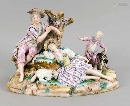 Large group of shepherds, Meissen imitation mark, 19th / 20th Century, resting shepherdessand a