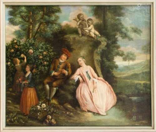 Anonymous painter of the late 18th century, gallant couple at a fountain in an idyllicparkland