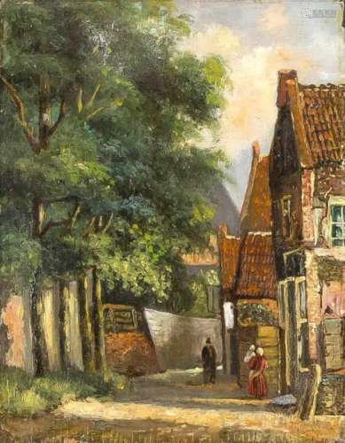 Holländischer Maler des 19. Jh., Dorfstrasse mit Staffagefiguren, Öl auf Holz, unsign.,rest. u.