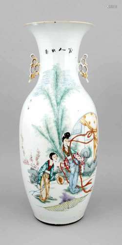 Floor vase, China, 20th century, polychrome on-glaze painting, two young women in thegarden,