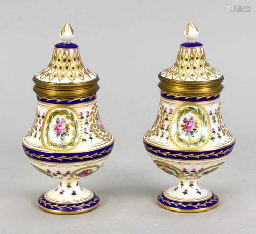 A pair of sugar caster, France, 19th cent., Sevres imitation mark, polychrome painted andgold-