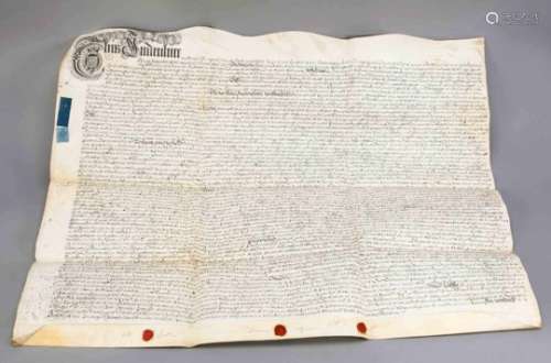 Altes Dokument mit Siegeln und barocker Kalligrafie als Stich. England, 17./18. Jh., Tinteauf