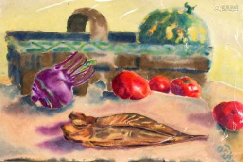 Paul Otto Rößler (1873-1957), ''Still life with fish, tomatoes, kohlrabi and watermelon'',watercolor