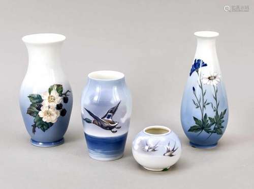 Four vases, Royal Copenhagen, late 20th century, 1st quality, various decorations inunderglaze