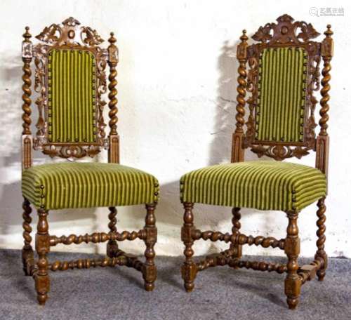 Satz von 4 Stühlen, Frankreich um 1880, Eiche massiv, gedrechselte Korkenziehersäulen,
