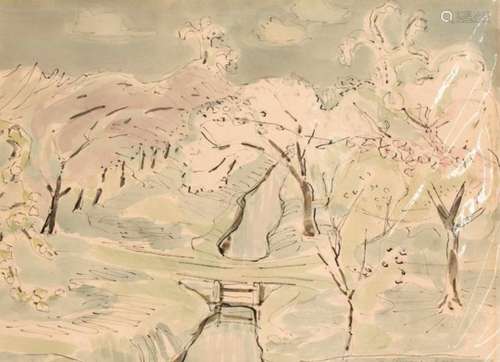 Fritz Kronenburg (1901-1960), blooming fruit trees in the old country near Hamburg,watercolor reed