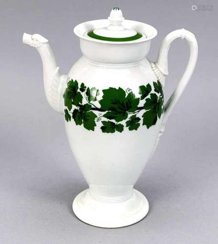 Coffee pot, Meissen, 19th century, raised shape with griffin spout, vine leaves decor inunderglaze