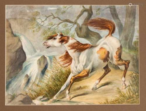 Monogrammist AF, late 19th century, horse in a mountain landscape with a waterfall,watercolor on