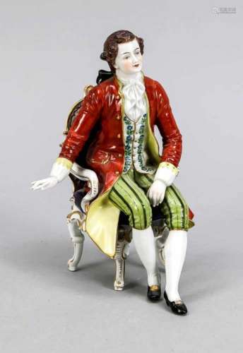 Seated cavalier, Rudolstadt, Thuringia, 20th century, elegant cavalier in Rococo costumewith a