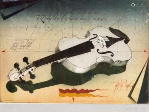 Alois Janak (* 1924), graphic artist of poetic realism. Still life with violin, aquatintin colors,