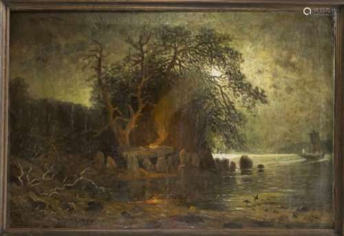 Paul Gehrmann (1861-1923?), Berlin painter, large, fully moonlit bank landscape withFire offering