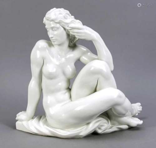 Sinnende, Meissen, mark after 1934, 3rd quality, female nude sitting on curly plinth withdrapery