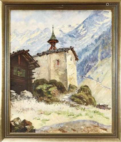 Paul Götz-Räcknitz (1873-1952), German landscape painter from Dresden, ''mountain chapel'',oil on