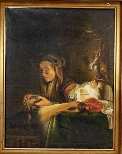Anonymous painter of the 19th century, Gosser in dark interior surrounded byhuntstilllebenartigem
