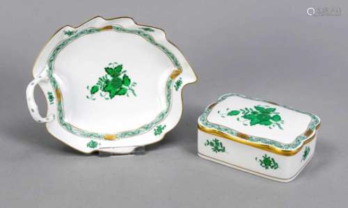Two parts Herend, Hungary, after 1967, Apponyi decor in green, gold-plated, lid box, modelno.