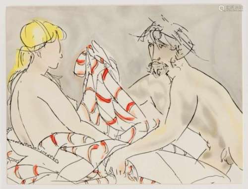 Giacomo Manzù (1908-1991), Italian painter and graphic artist, couple in bed, colorlithograph, 1984,