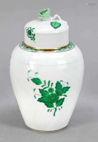 Lidded vase, Herend, Hungary, after 1967, Apponyi decor in green, gold-plated, model no.6459, h.