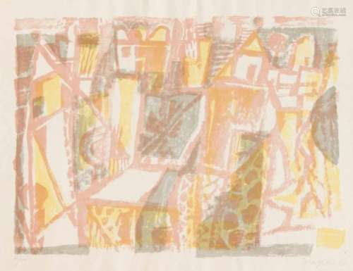 Eduard Bargheer (1901-1979), abstract view of a village in light tones, color lithograph,u. re.