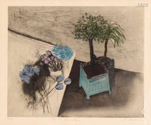 Annapia Antonini (* 1942), Swiss artist, ''Chez le fleuriste'', color etching with aquatint,a. re.