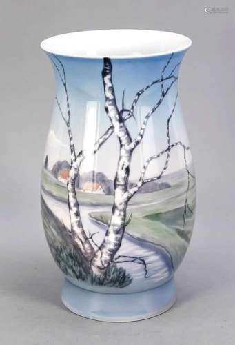 Vase with nordic landscape behind birch trees, Bing & Grondahl, 1950-1970, model no.8791-440,