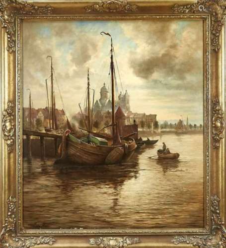 Oskar Becker (1898-1982), boats in urban harbor with old town in the background, u. lli.sign. u.