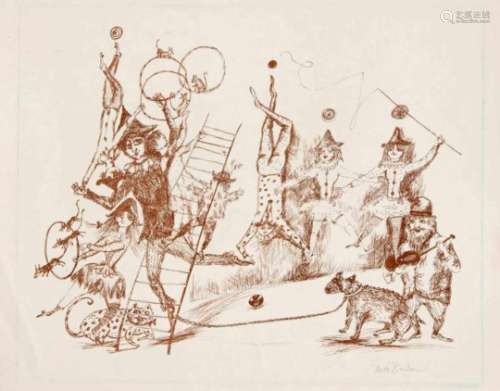 Bele Bachem (1916-2005), acrobats in the circus, pen and ink lithograph on wove paper, a.re.