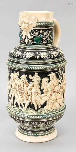 Westerwald stoneware jug, around 1900, round stand, barrel-shaped body, sidely attachedhandle, beige