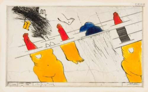 Hannes Postma (* 1933), Dutch graphic artist, Hocus Focus, color etching with aquatint,1966, a. left