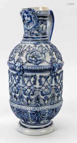 Westerwald stoneware jug, around 1900, round stand, barrel-shaped body, sidely attachedhandle,