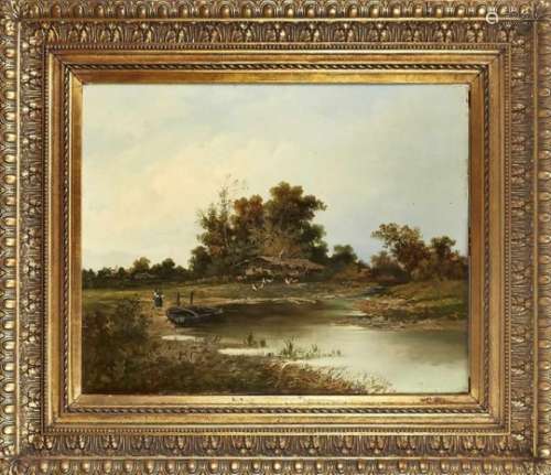 Fr. Painter of the 19th century, large landscape with chicken farm in the background, oilon wood, u.