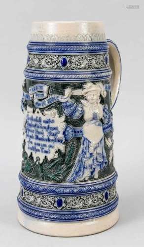 Westerwald stoneware jug, around 1900, round stand, body with slightly tapered wall,sidely