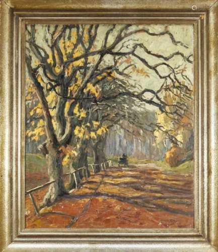 Paul Lehmann-Brauns (1885-1970), avenue in autumn with carriage in the background, oil