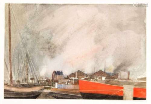Gottfried Salzmann (* 1943), important watercolorist from Salzburg. Harbor view,watercolor on paper,