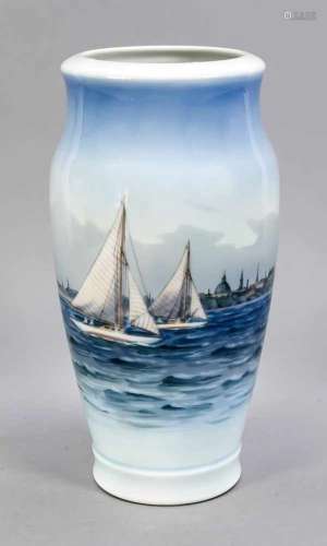 Vase with Sailing Boats and City Skyline from the Sea, Royal Copenhagen, late 20th C., 2ndquality,