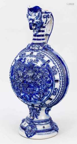 Large Westerwald stoneware jug, around 1900, round stand, disc-shaped body, sidelyattached handle,