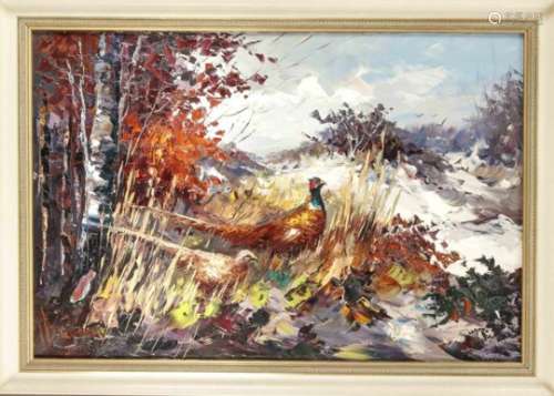 Jan Bévort (1917-1996), holländischer Maler, Fasan auf verschneiter Waldlichtung, Öl insehr pastosem