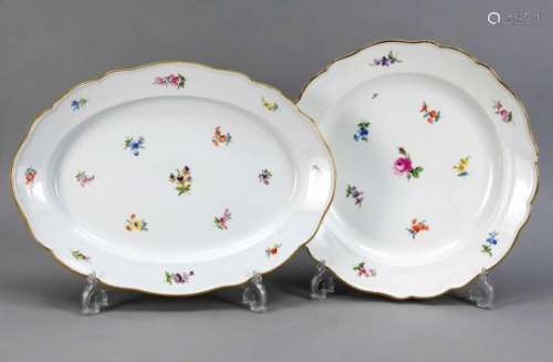 Two serving plates, Meissen, around 1900, 1st quality, shape of new cutout, polychromepainting,