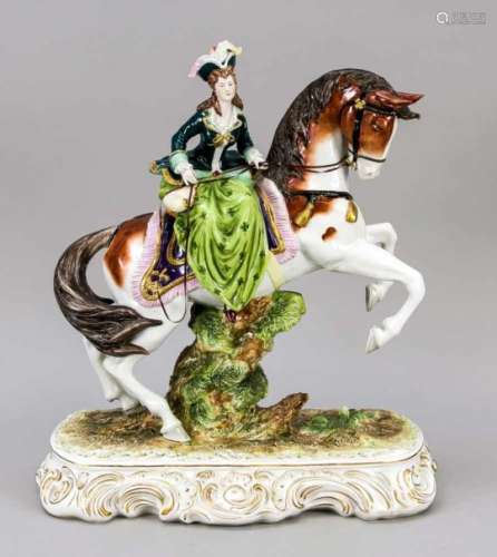 Elegant Rococo lady, riding on a horse, Scheibe-Alsbach, 20th century, terrain plinth onrocaille