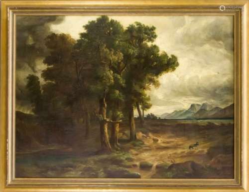 H. Vogel after Alexandre Calame (1810-1864), 19th cent., ''Oak in the storm,'' Man withDogs flee