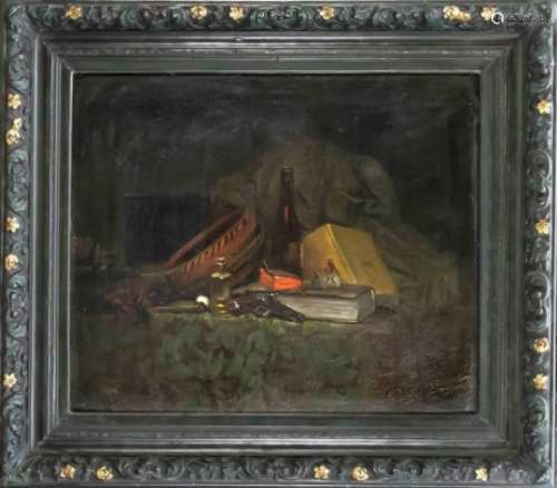 Eugene Antony Renouard (1835-1921), still life with books, bottles and pistol, oil oncanvas, u.