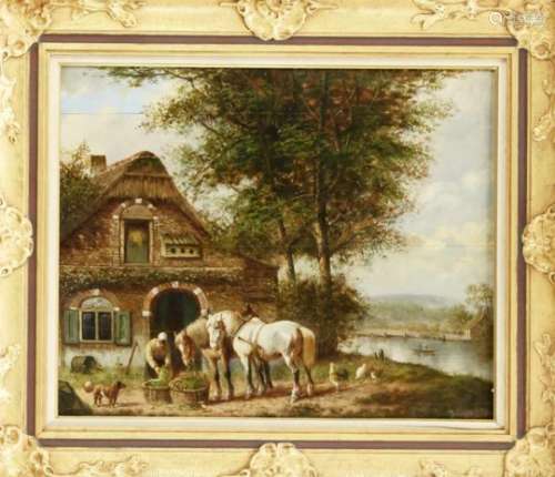J. v. Diggelen, genre painter 2nd half of the 20th century, idyllic horse farm located ona river